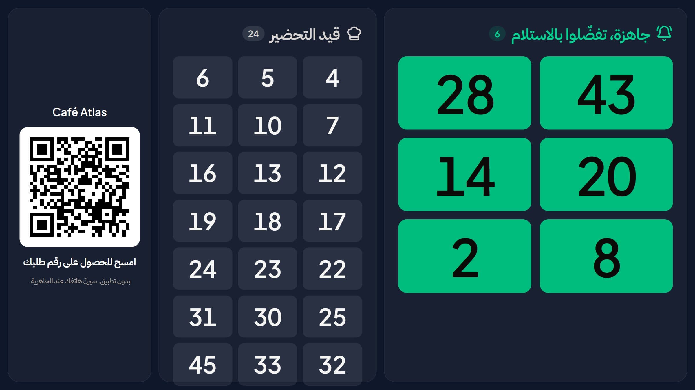 شاشة تلفاز تعرض أرقام الطلبات قيد التحضير والجاهزة