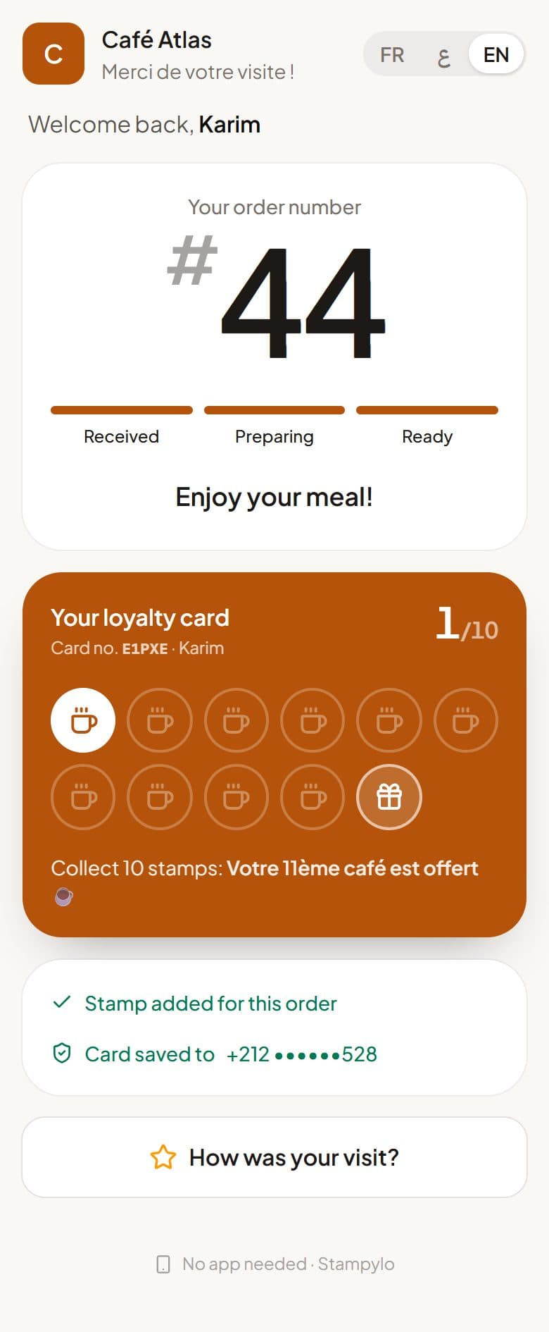 Ticket after pickup, with the stamp added to the loyalty card
