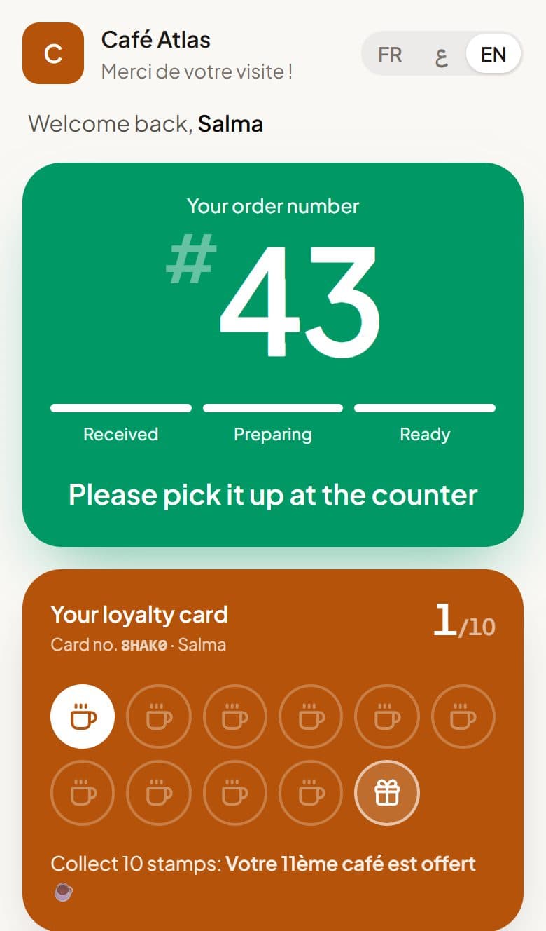 Customer phone showing order 28 ready to collect